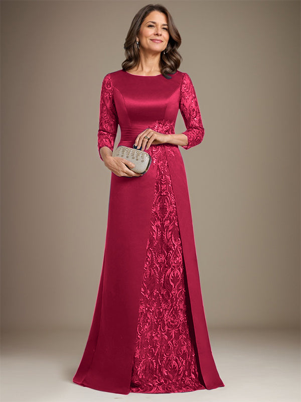 A-Line Scoop Floor-Length Lace Satin Mother Of the Bride Dress With Applique