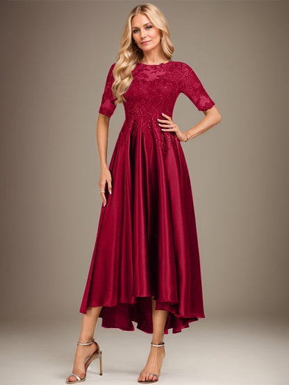 A-Linie, U-Ausschnitt, Illusion, asymmetrisch, Stretch-Satin, Spitze, Kleid für die Brautmutter mit Pailletten 