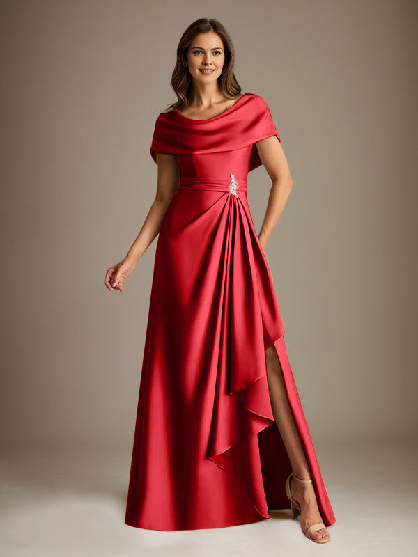 Robe de mère de la mariée en satin extensible, longueur au sol, coupe en A avec encolure dégagée et volants en cascade