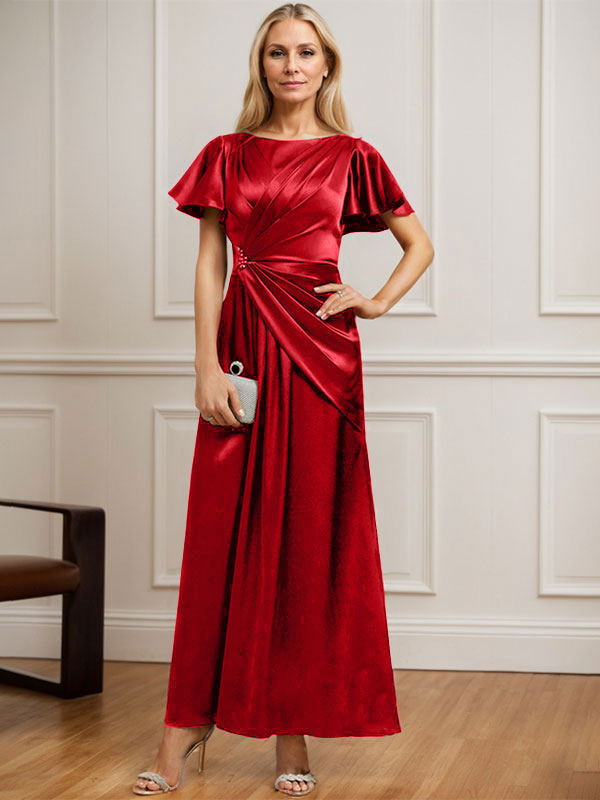 Robe de mère de la mariée en satin extensible, longueur cheville, en ligne A, décolleté arrondi, ornée de perles plissées