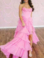 Red A Line Strapless Prom Dress With Tiered Ruffle And 3D Floral Appliques