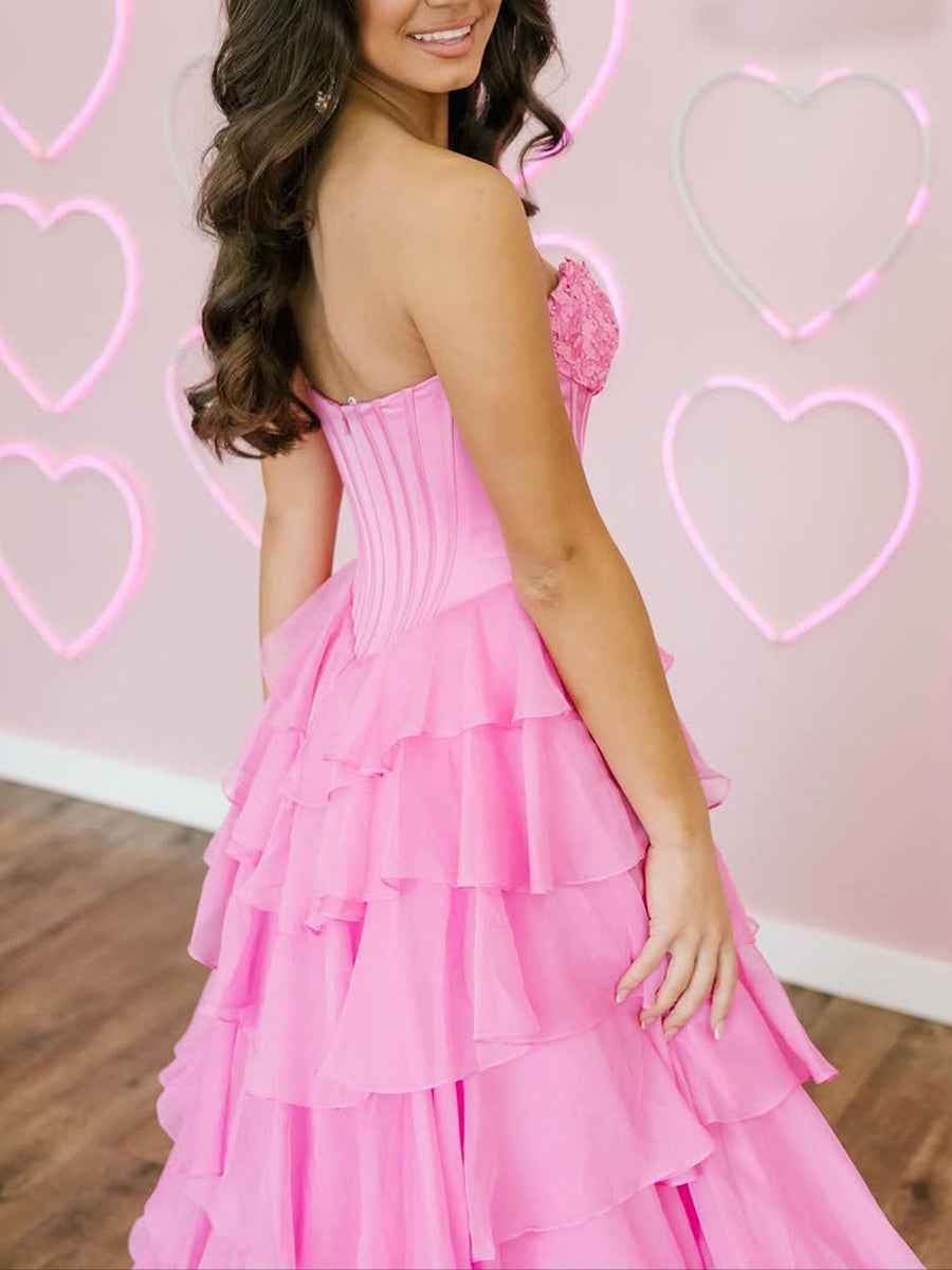 Red A Line Strapless Prom Dress With Tiered Ruffle And 3D Floral Appliques