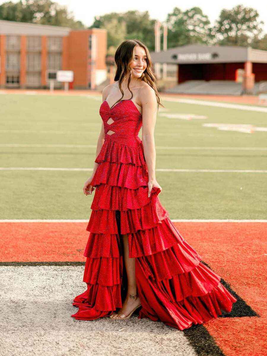 Pink Tiered A Line Strapless Sweetheart Satin Prom Dress With Keyhole