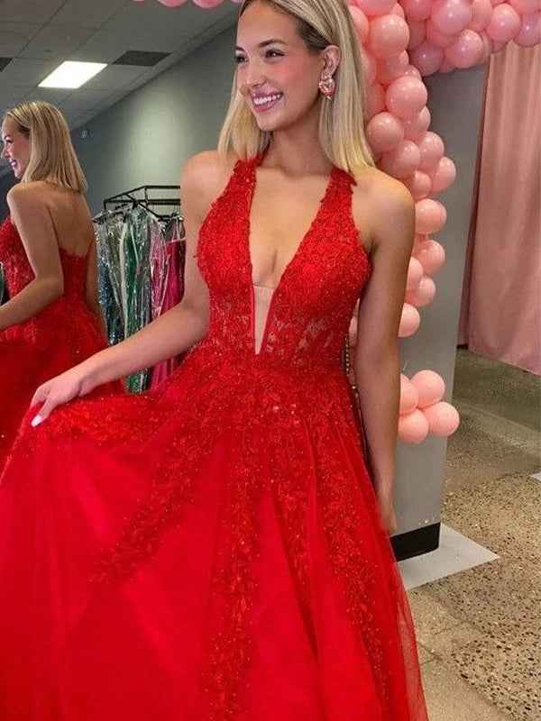 Red Halter A Line V Neck Empire Waist Prom Dress With Lace Appliques Beadwork