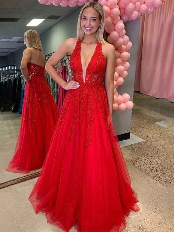 Red Halter A Line V Neck Empire Waist Prom Dress With Lace Appliques Beadwork