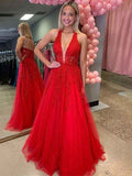 Red Halter A Line V Neck Empire Waist Prom Dress With Lace Appliques Beadwork