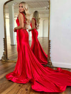 Red Mermaid Prom Dress Floral Applique Straps Floor Length Gown With Slit