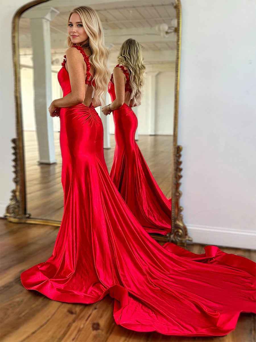 Red Mermaid Prom Dress Floral Applique Straps Floor Length Gown With Slit