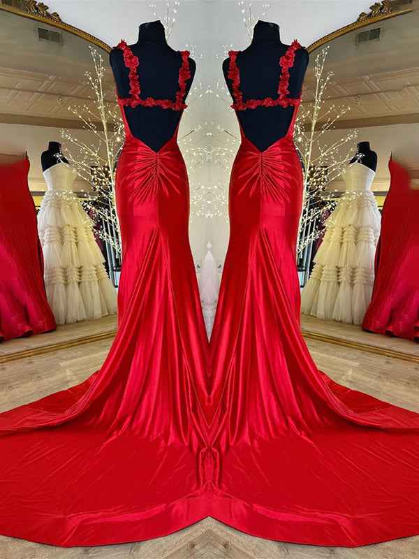Red Mermaid Prom Dress Floral Applique Straps Floor Length Gown With Slit