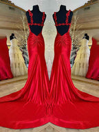 Red Mermaid Prom Dress Floral Applique Straps Floor Length Gown With Slit