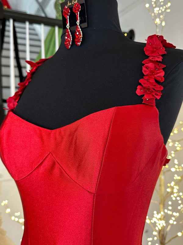 Red Mermaid Prom Dress Floral Applique Straps Floor Length Gown With Slit