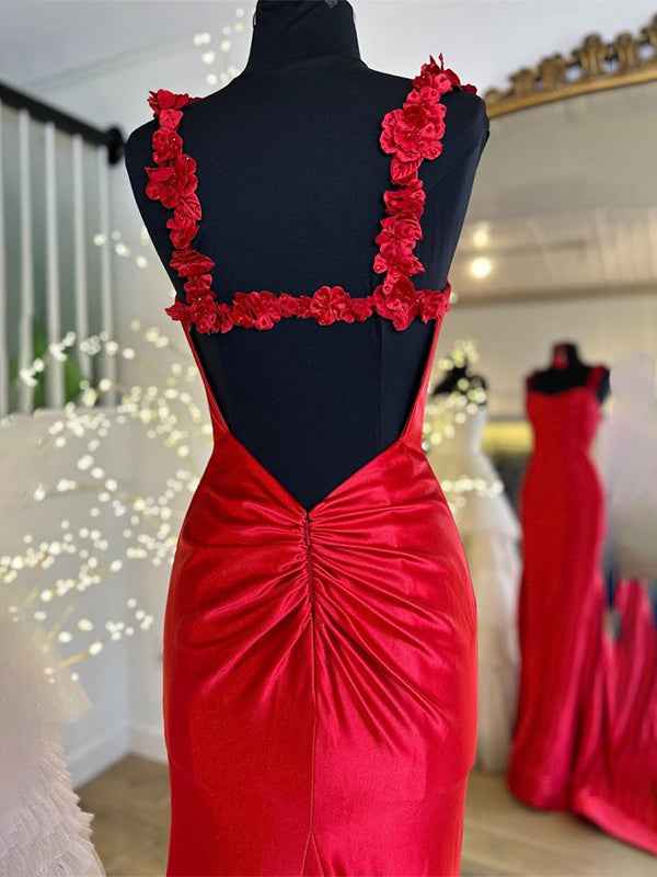 Red Mermaid Prom Dress Floral Applique Straps Floor Length Gown With Slit