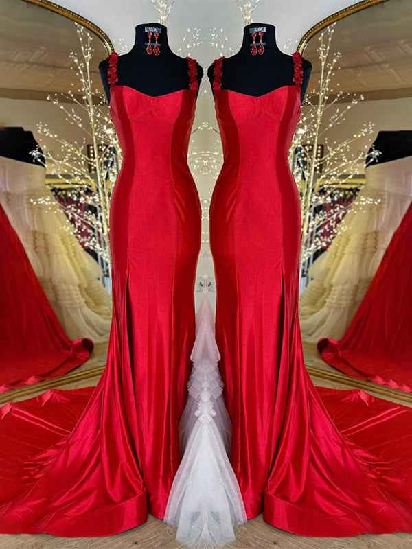 Red Mermaid Prom Dress Floral Applique Straps Floor Length Gown With Slit