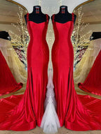 Red Mermaid Prom Dress Floral Applique Straps Floor Length Gown With Slit