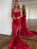 Red Mermaid Prom Dress Floral Applique Straps Floor Length Gown With Slit