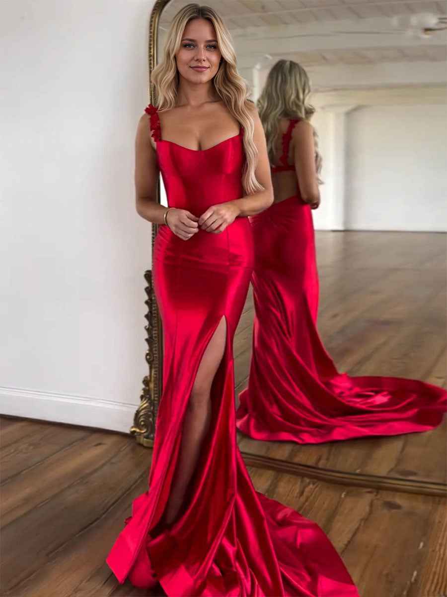 Red Mermaid Prom Dress Floral Applique Straps Floor Length Gown With Slit
