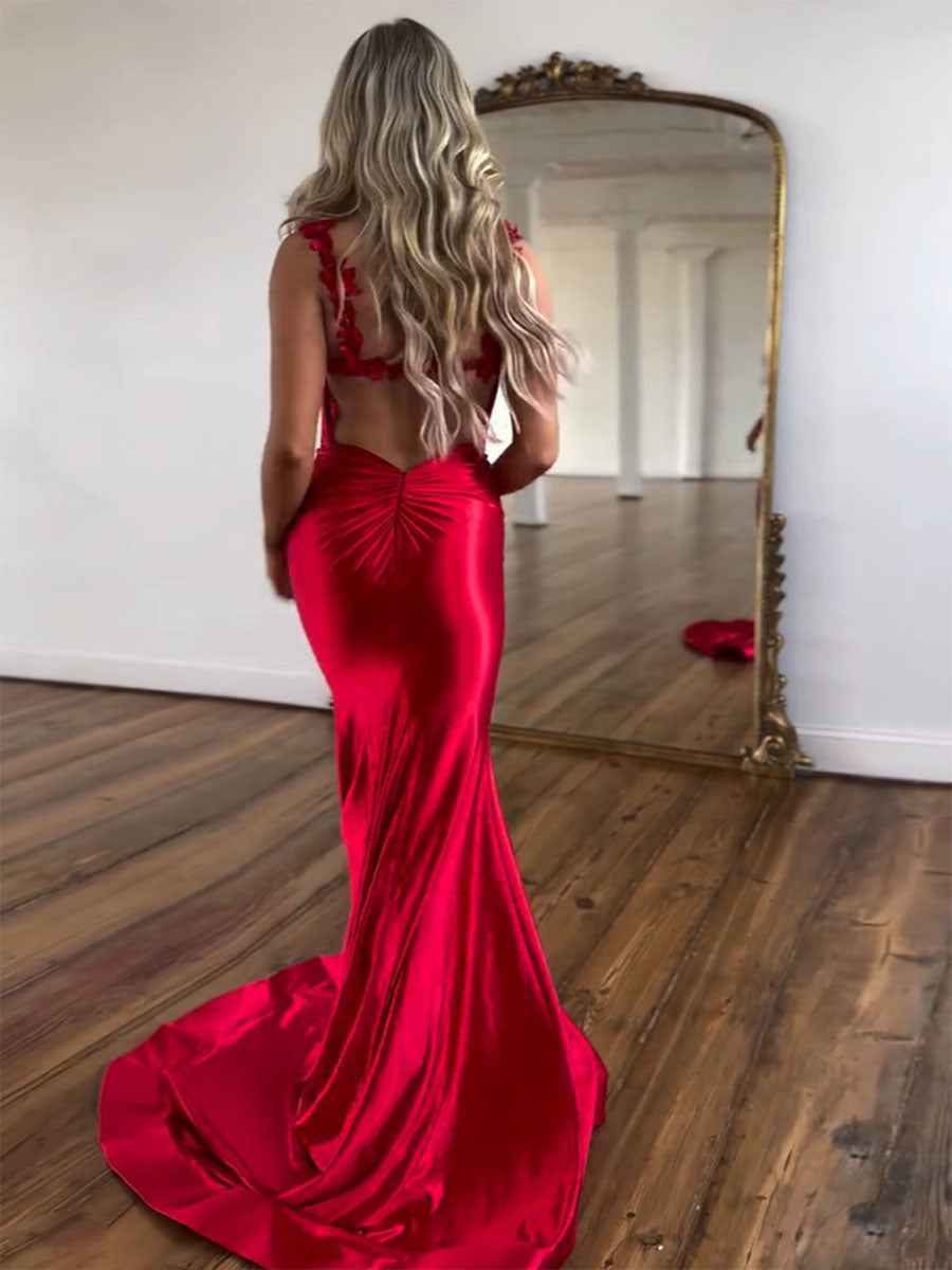 Red Mermaid Prom Dress Floral Applique Straps Floor Length Gown With Slit