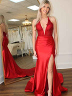Red Mermaid Halter Sequins Long Satin Prom Dress With Slit