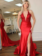 Red Mermaid Halter Sequins Long Satin Prom Dress With Slit