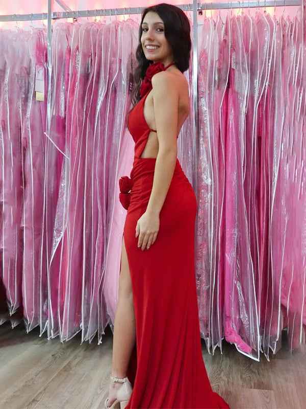 Red Mermaid Prom Dress With High Neck Backless Silhouette And Slit