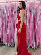 Red Mermaid Prom Dress With High Neck Backless Silhouette And Slit