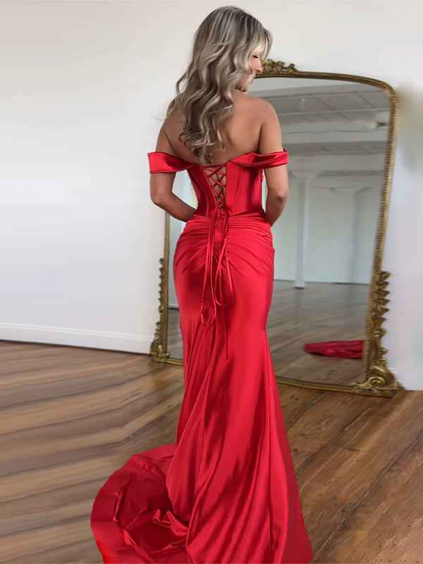 Red Mermaid Off Shoulder Corset Long Prom Dress With Slit
