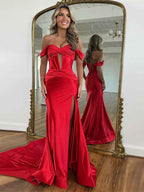 Red Mermaid Off Shoulder Corset Long Prom Dress With Slit