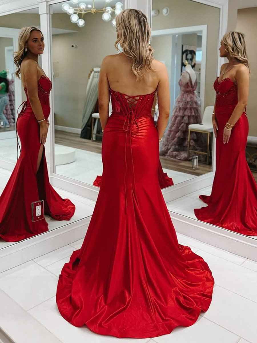 Red Mermaid Strapless Satin Prom Dress With Keyhole And Crystal Beaded Bodice
