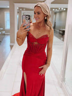 Red Mermaid Strapless Satin Prom Dress With Keyhole And Crystal Beaded Bodice