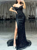 Black Beaded Off-The-Shoulder Sequin Long Prom Dress