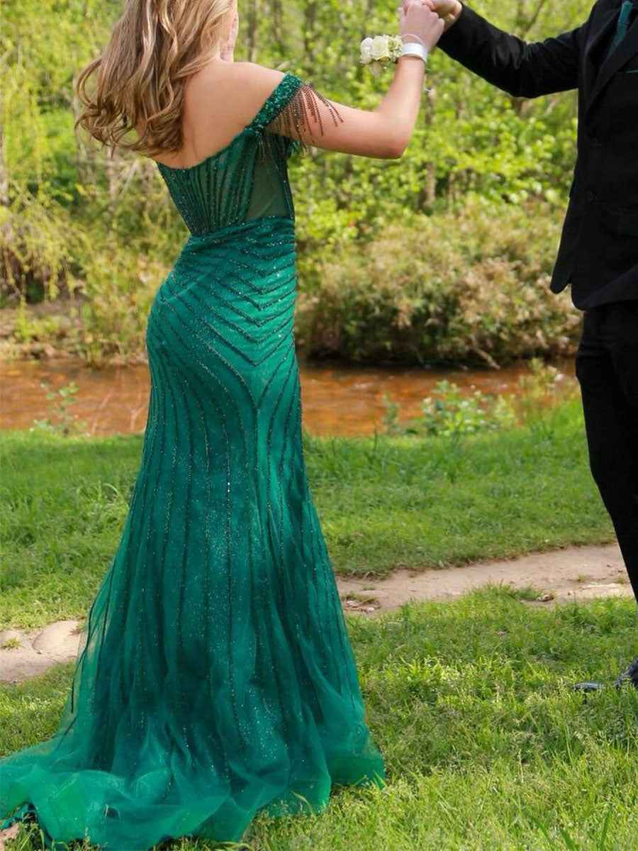 Black Beaded Off-The-Shoulder Sequin Long Prom Dress