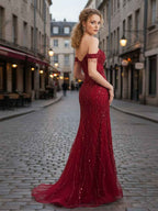 Red Off The Shoulder Beaded Tulle Prom Dress With Swirling Sequins