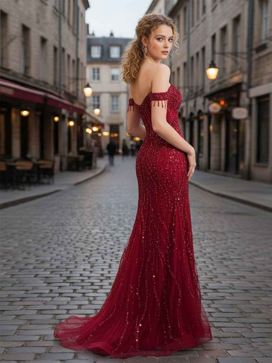 Red Off The Shoulder Beaded Tulle Prom Dress With Swirling Sequins