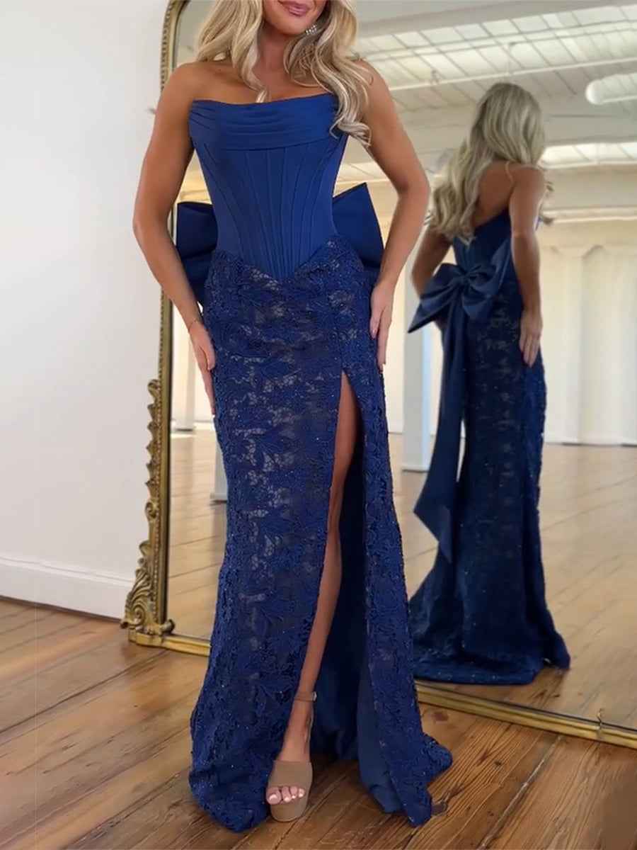 Red Strapless Satin Corset Lace Prom Dress With Oversized Bow