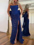 Red Strapless Satin Corset Lace Prom Dress With Oversized Bow