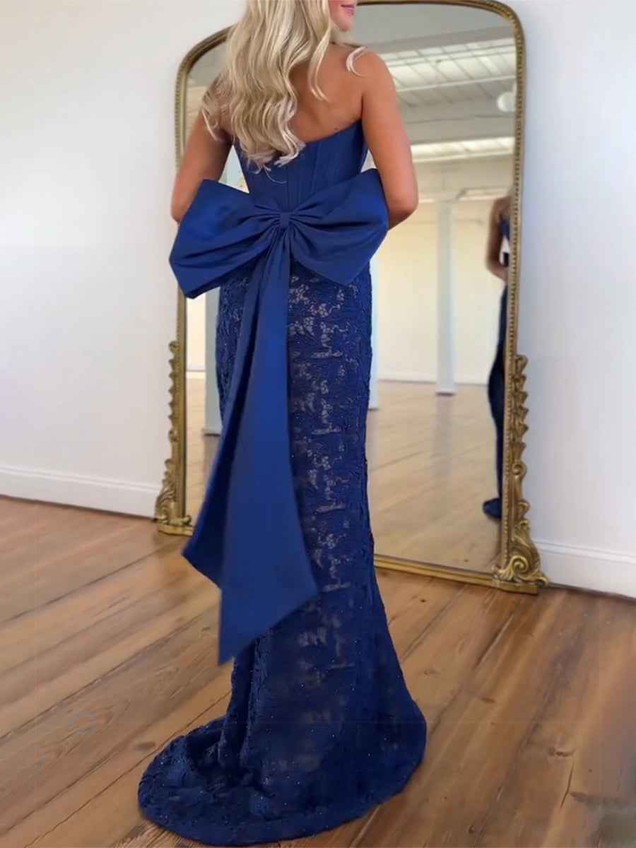 Red Strapless Satin Corset Lace Prom Dress With Oversized Bow