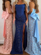 Red Strapless Satin Corset Lace Prom Dress With Oversized Bow