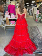 Baby Blue Strapless Corset Bodice Prom Dress With Tiered Ruffles Beadwork Slit