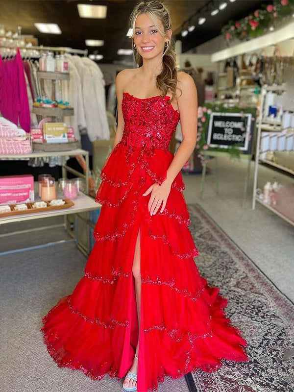 Baby Blue Strapless Corset Bodice Prom Dress With Tiered Ruffles Beadwork Slit