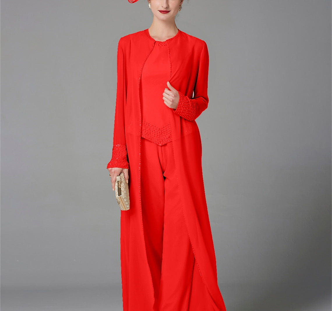 Mother Of The Bride Pantsuit With Jacket And Sequins Long Sleeve Chiffon