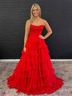 Red A Line Strapless Prom Dress With Tiered Ruffle And 3D Floral Appliques