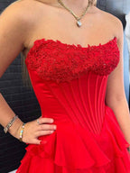 Red A Line Strapless Prom Dress With Tiered Ruffle And 3D Floral Appliques