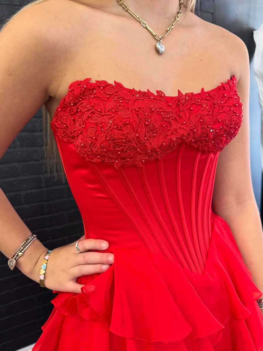 Red A Line Strapless Prom Dress With Tiered Ruffle And 3D Floral Appliques
