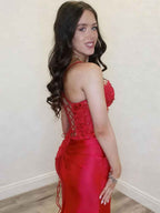 Red Strapless Keyhole Bodice Prom Dress With Lace Up Back