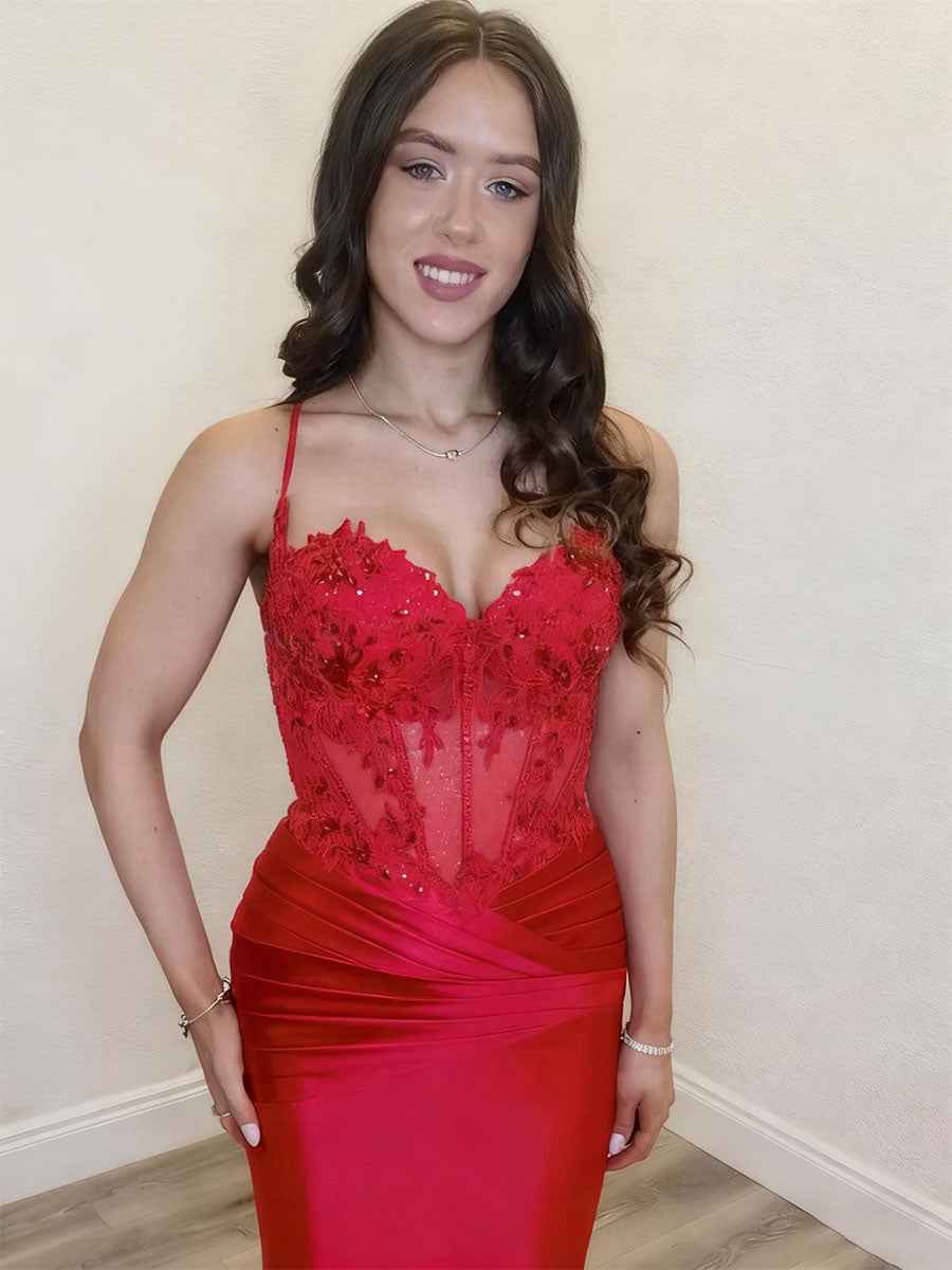 Red Strapless Keyhole Bodice Prom Dress With Lace Up Back