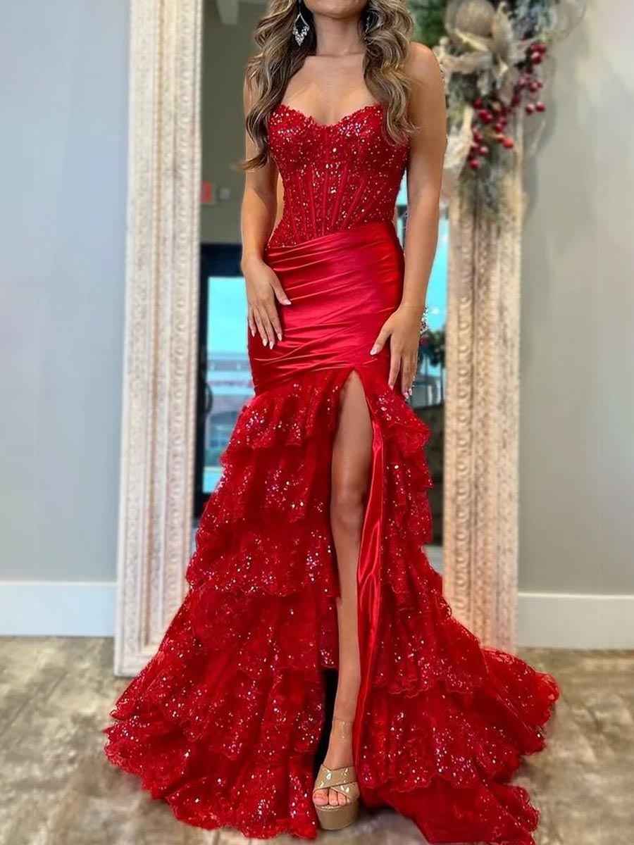 Red Strapless Mermaid Satin Long Prom Dress With Tiered Ruffles And Slit
