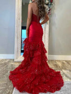 Red Strapless Mermaid Satin Long Prom Dress With Tiered Ruffles And Slit
