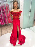 Red Off The Shoulder 3D Rosette Corset Bodice Satin Prom Dress With Slit