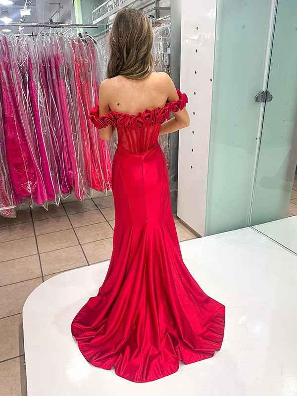 Red Off The Shoulder 3D Rosette Corset Bodice Satin Prom Dress With Slit