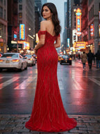 Red Off The Shoulder Beaded Tulle Prom Dress With Swirling Sequins